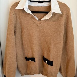 Nanette Lepore Tan V-Neck Sweater with Black Details